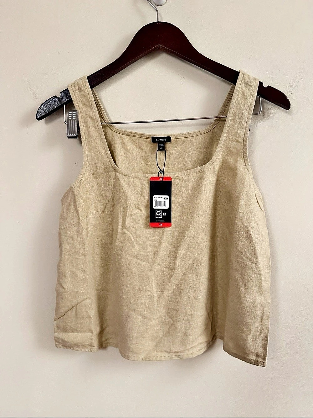 Express Linen Blend Square Neck Cropped Tank Top Beige XS NEW